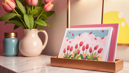 Chic spring promotional cards arranged on elegant counter, seasonal appeal