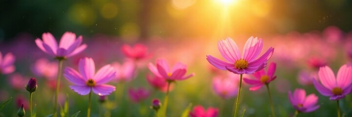 Fototapeta premium Morning light dances through purple cosmos blooms, spring flowers, peaceful countryside, cosmos flowers