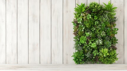 Fototapeta premium Lush Green Vertical Garden Against White Wooden Background for Interior Decor