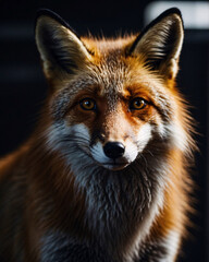 Obraz premium Striking portrait of an orange fox against a deep black background with professional flair