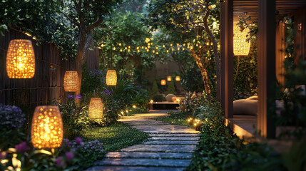 Fototapeta premium Cozy garden with solar powered lights and lush greenery