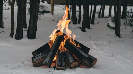 Campfire Burning in Snowy Forest During Winter Outdoors