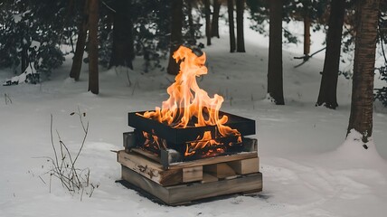 Campfire Burning in Snowy Forest During Winter Outdoors