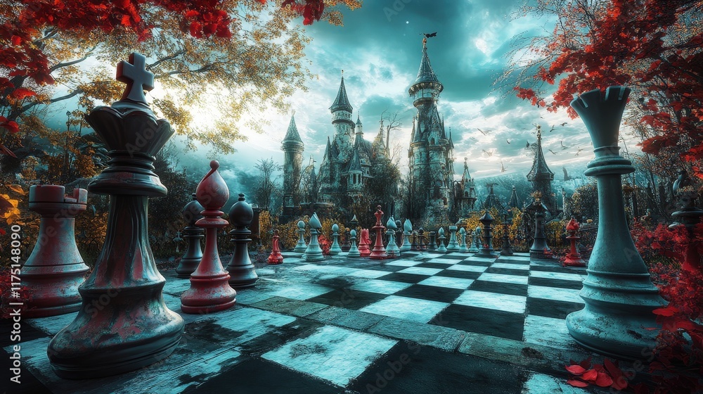 Poster bizarre chessboard in wonderland, where the pieces come to life and move of their own accord, creati