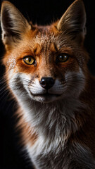 Fototapeta premium Vibrant portrait of an orange fox in professional shot with intense dark backdrop
