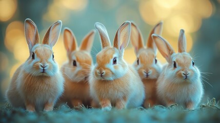 Obraz premium A group of adorable rabbits sitting closely together in a soft, blurred background.