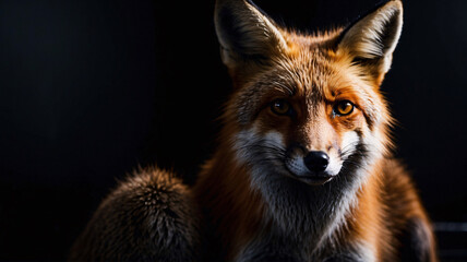 Fototapeta premium Beautiful professional photo of a vibrant orange fox with shadowy backdrop