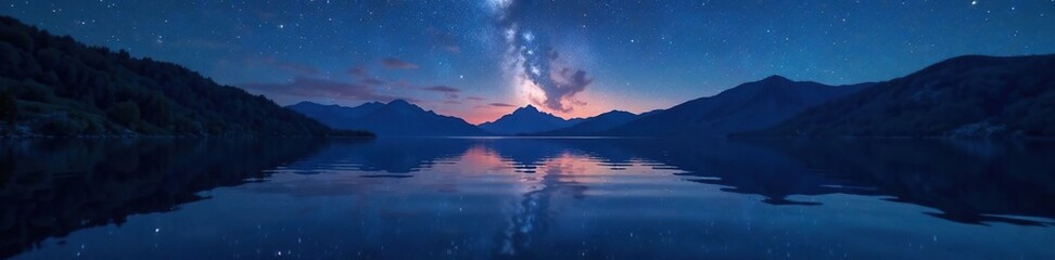 Fototapeta premium Reflections of stars on calm lake surface at night, water, reflection, calm