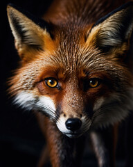 Fototapeta premium Captivating professional portrait of an orange fox in a dark dramatic setting