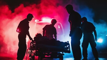 Medical staff transporting a patient on a stretcher comic-style illustration with vibrant colors dramatic lighting emergency room background 
