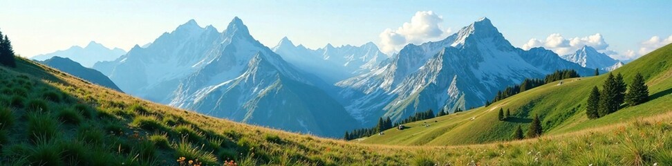 Rolling hills give way to towering peaks in a breathtaking alpine scene, hills, mountains