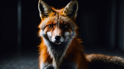 Fototapeta premium Close up wildlife photo of orange fox in professional style with dark shadowed background