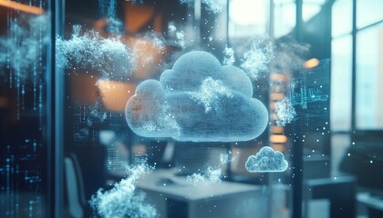 Close up of an ai cloud interface displaying digital data in a blurred office setting