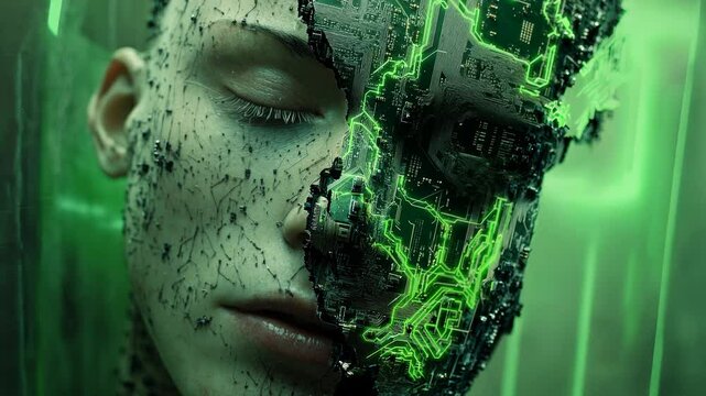 A human face morphing into a circuit board, illustrating the transformation of humanity through technology