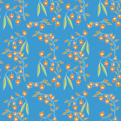 Naklejka premium Orange pea flowers on blue background repeat pattern 