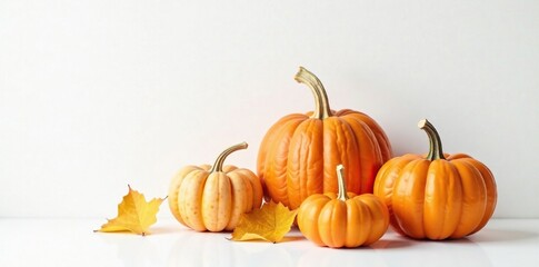 Simple yet elegant modern pumpkins on a crisp white autumnal background, white, minimalist