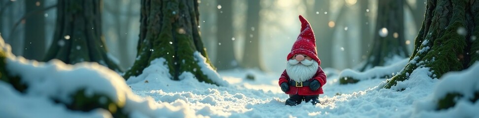 Small gnome body under snow covered tree branches, forest, greenery