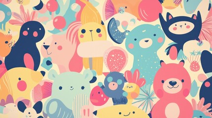 Colorful Cartoon Animals and Floral Designs Pattern