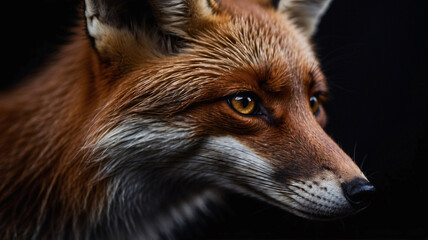 Fototapeta premium Iconic shot of an orange fox with dark background captured in professional photography session