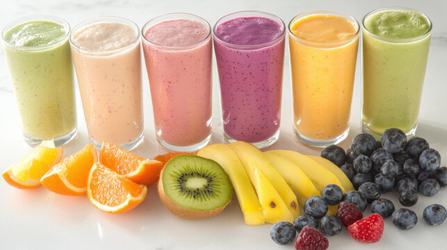 Colorful smoothies with fresh fruits on white background