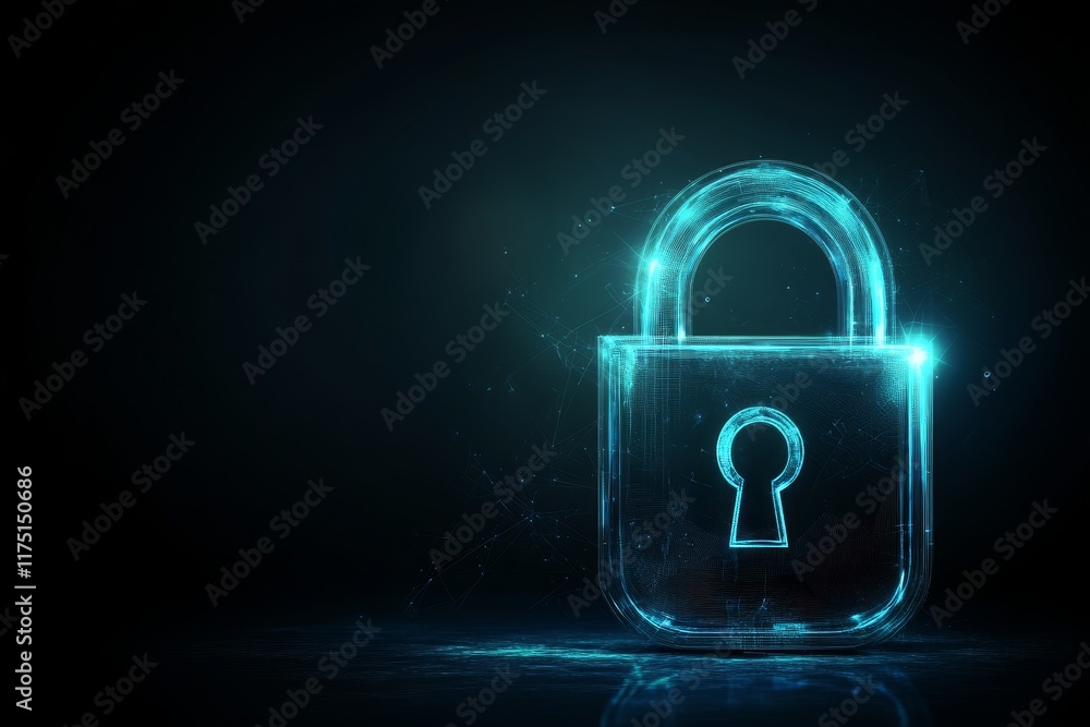 Poster digital padlock symbolizing cybersecurity in a blurred dark background with technology themes