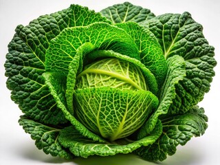 Obraz premium Vibrant green cabbage, crisp and detailed, macro close-up reveals its healthy texture against a stark white.