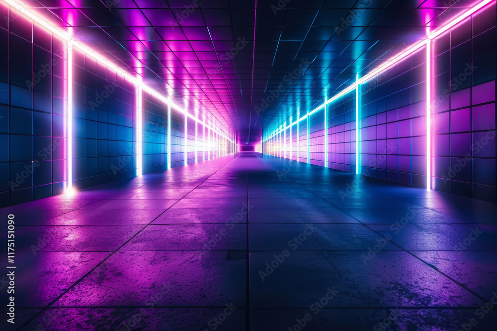 Aufkleber neon colored abstract futuristic tunnel with light trails. glowing colorful rays with motion blur ef