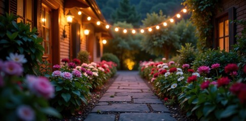 Fototapeta premium Soft string lights casting a warm glow on a flower-lined garden walkway, gentle, romantic