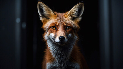 Fototapeta premium Mesmerizing orange fox in low light photo session with professional focus on dark background