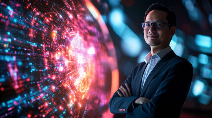 confident man stands before digital display