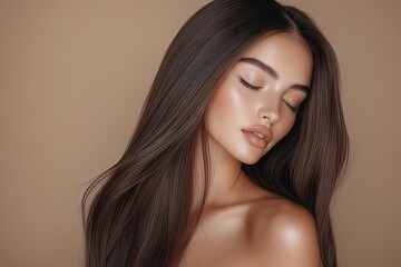 Fototapeta premium young woman, 20s, flowing auburn muted mocha brown toned hair on a muted mocha brown background