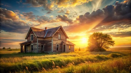 Rustic Farmhouse Sunset: Nostalgic Vintage Photography