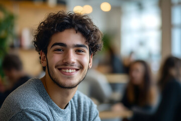 Fototapeta premium Cheerful young man smiling in casual office settings with other people in background. Businessman working in modern coworking space