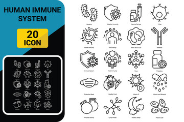 Human immune system line icon set. Shield, vaccine, syringe, mask, probiotic, bacterium, antibody,, vitamin d, normal sleep, physical activity vector illustration