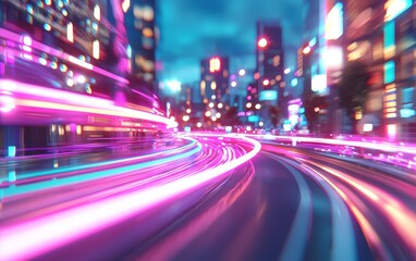 Futuristic City Nightscape Vibrant Light Trails Speed on Urban Road