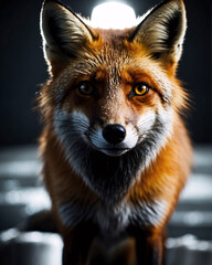 Fototapeta premium Professional wildlife photo of a dynamic orange fox against moody dark background