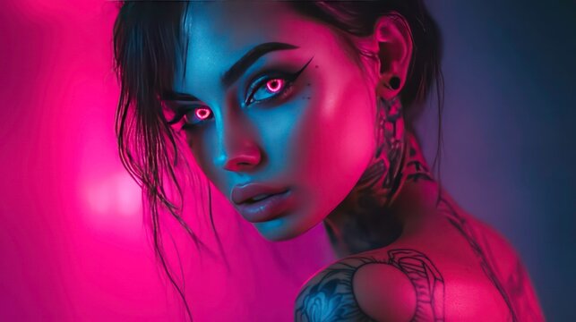 Close-up portrait of a young woman with vibrant pink and blue neon lighting, showcasing tattoos and intense gaze.