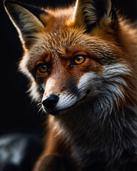 Fototapeta premium Professionally taken portrait of an orange fox with shadowed moody background