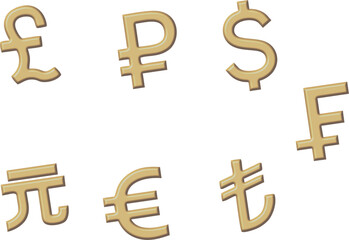 Obraz premium Golden coin Dollar, Pound, Franc, Lira, Euro and Yuan Renminbi 3D currency with transparent background. Money icon business and financial exchange illustration for stock market. PNG 