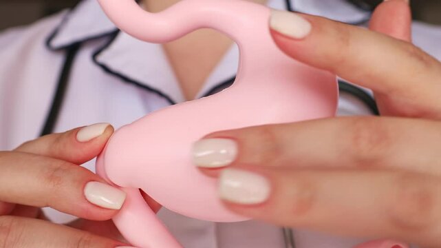 Doctor hands holding simple human stomach model close up