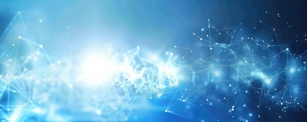 Abstract background featuring blue glowing light and white network connections, highlighting the power of technology and global connection for online marketing and business advertisement purposes.