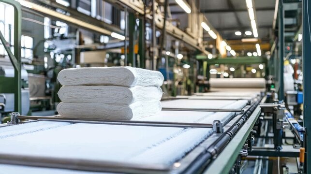 Fabric Rolls on a Conveyor Belt in a Textile Factory