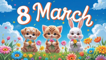Obraz premium Cute puppy, kitten, and bunny with flowers celebrating 8 March