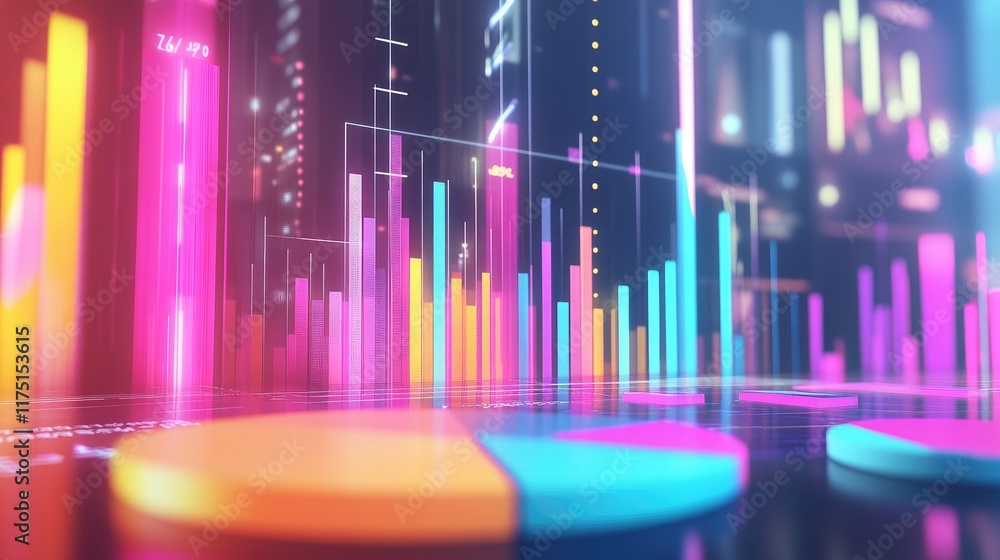 Aufkleber financial dashboard with d graphs and pie charts in vibrant colors, with illuminated elements and a 
