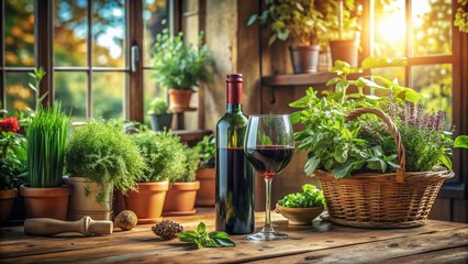 Rustic Kitchen Still Life: Red Wine, Herbs, and Wooden Table