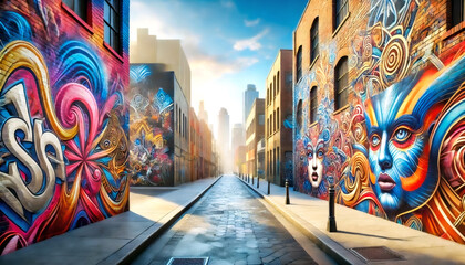 A vibrant urban street filled with colourful graffiti, murals, and artistic expressions on brick walls, set against a glowing cityscape background.