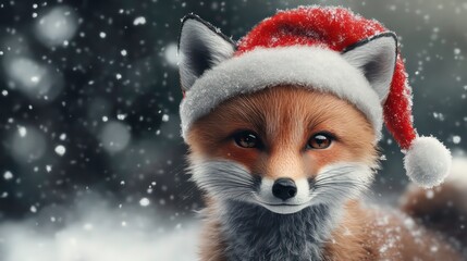 Baby fox wearing a Santa hat, wintery animal portrait, 3D illustration