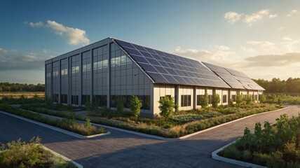 Obraz premium Sustainable Solar-Powered Building: Modern Architectural Design at Sunset
