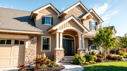 Fototapeta premium Two-story tan house with stone accents, arched entryway, attached garage, and landscaped yard. Features multiple windows, and a well-maintained lawn. Bright sunny day.