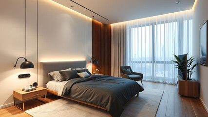 Fototapeta premium Interior modern bedroom, Minimalism. Generative AI